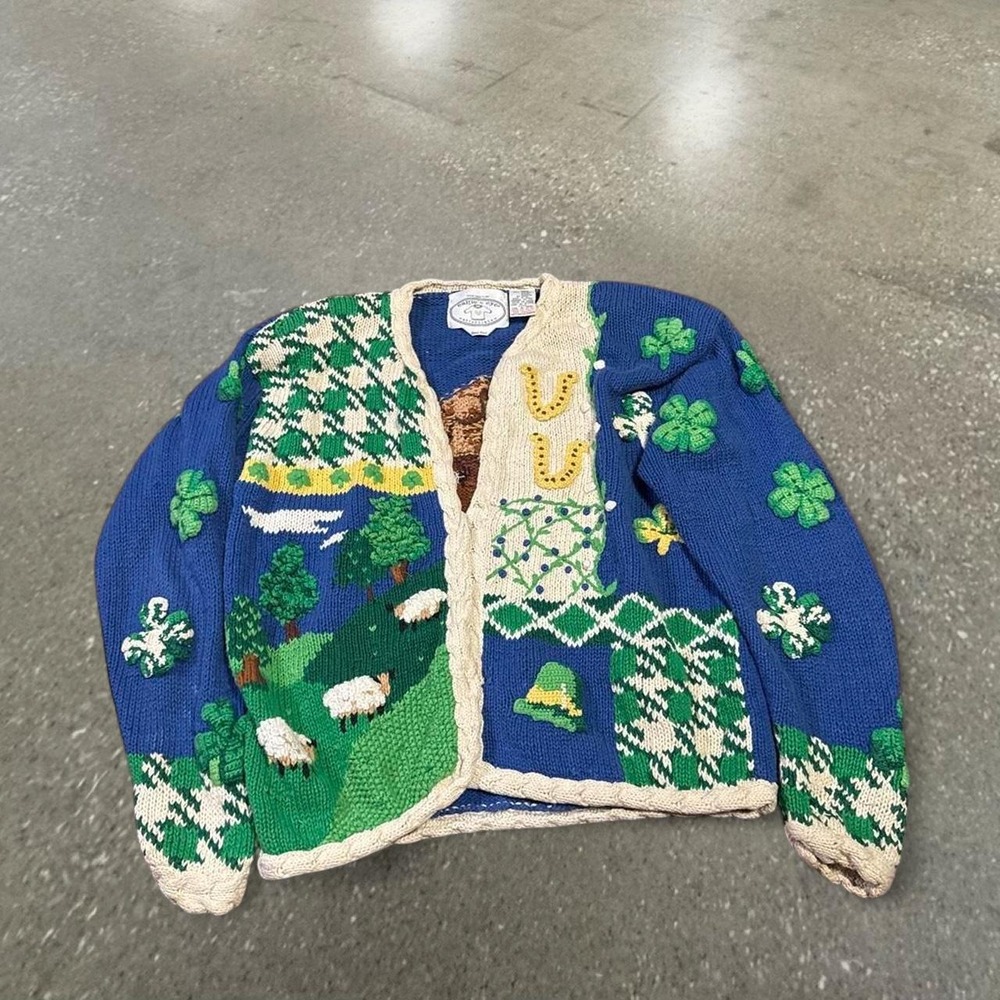Vintage 90s Eagle Eye Irish St Patricks Day Teddy Bear Cardigan L